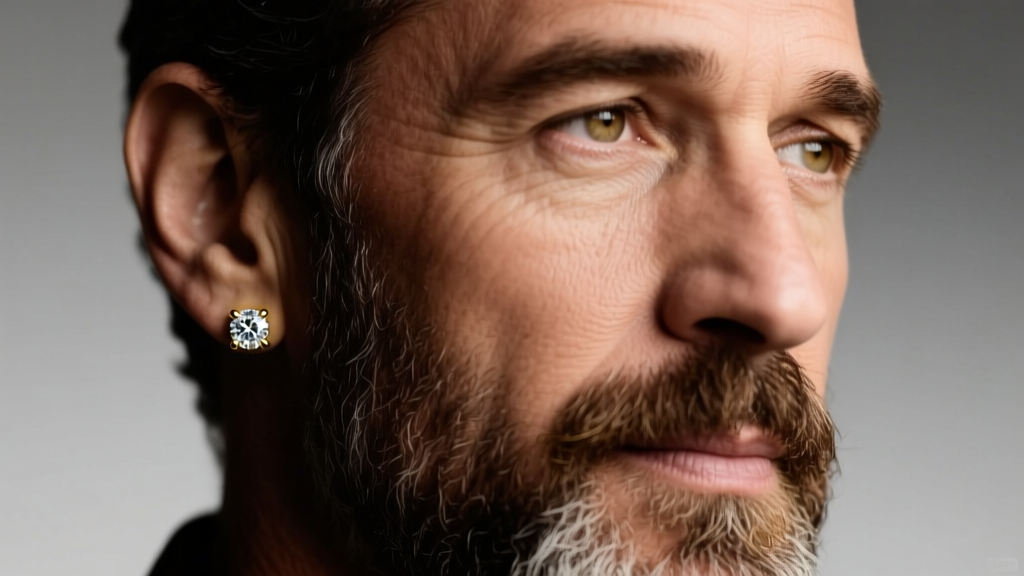 Close-up of a bearded man wearing a 14k yellow gold 4mm diamond stud earring in his left ear lobe under soft studio lighting.