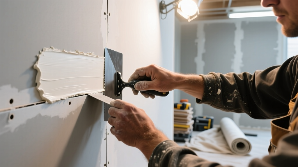 Drywall finisher applying a thin skim coat of joint compound over taped seams with a wide steel trowel under bright work lights.