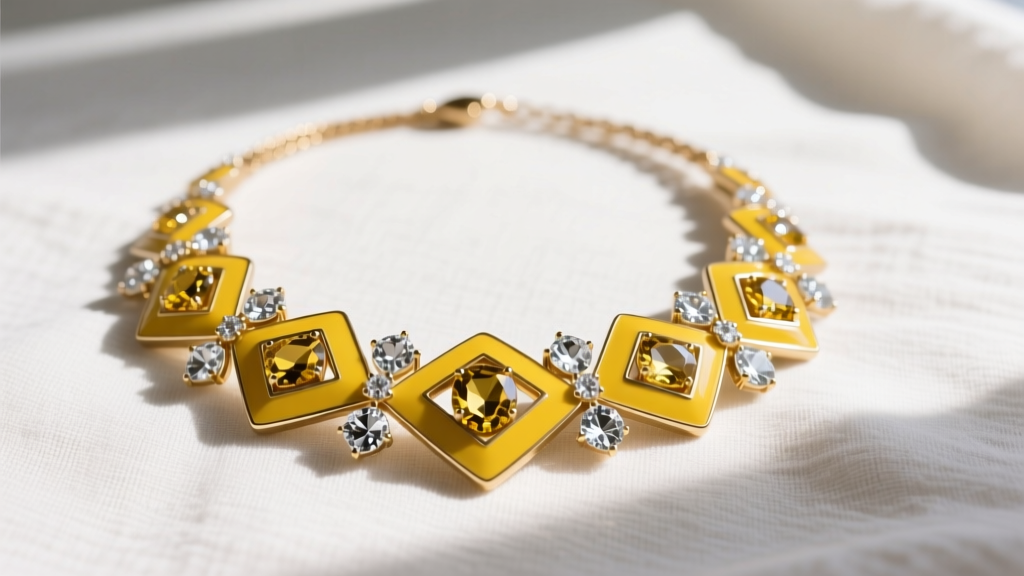 Flatlay of a vintage J.Crew yellow enamel and crystal statement necklace resting on crisp white linen fabric background