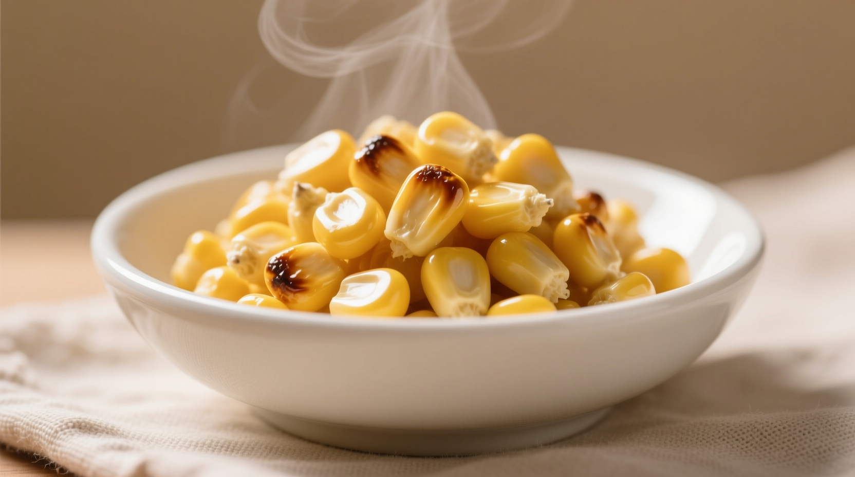 Perfectly cooked golden corn kernels in a white bowl