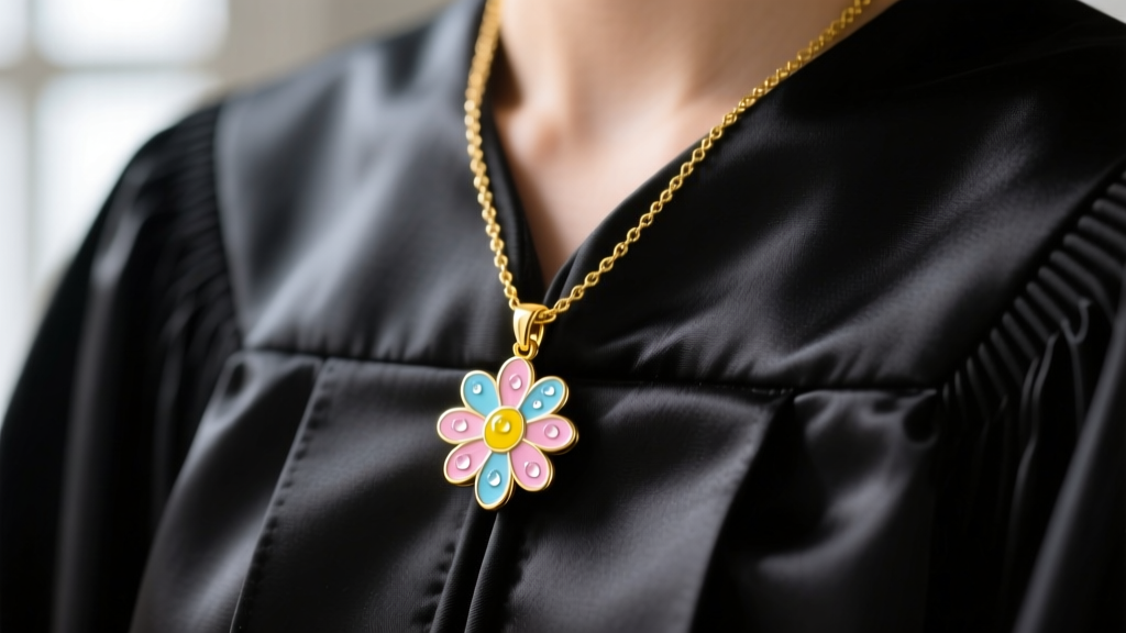 Close-up of a 14k yellow gold necklace featuring a miniature enameled daisy pendant resting on dark silk graduation gown fabric.
