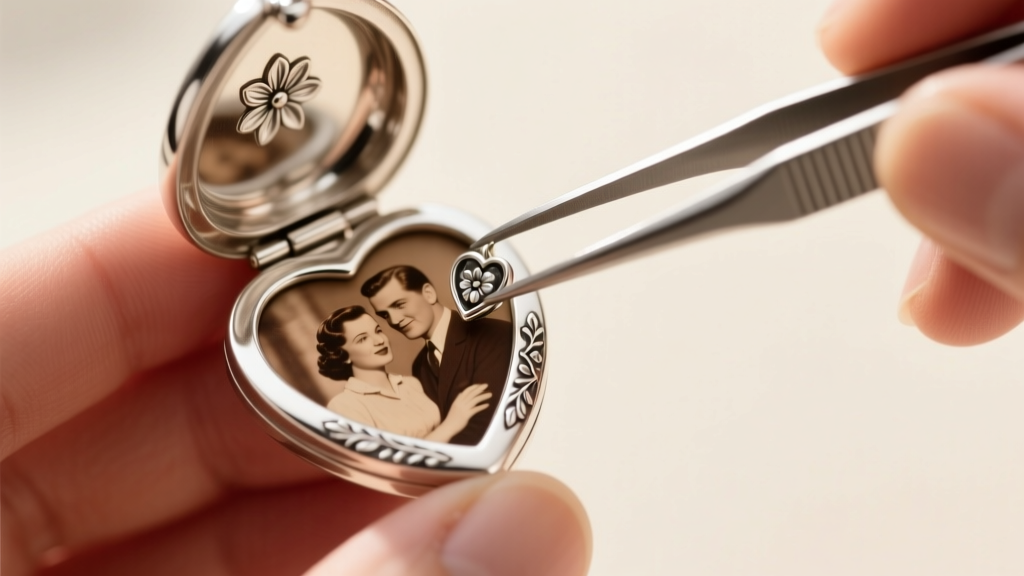 Hands using fine tweezers to place a tiny trimmed portrait photograph inside an open sterling silver heart-shaped locket earring.