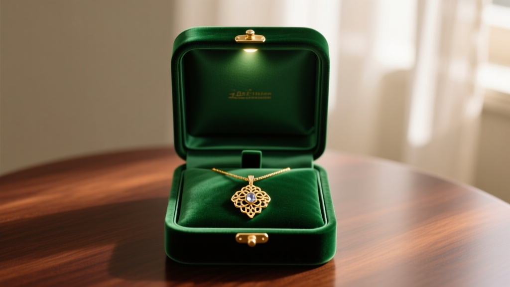 Open emerald green velvet necklace box on mahogany wood, displaying a delicate gold pendant necklace under soft warm lighting.