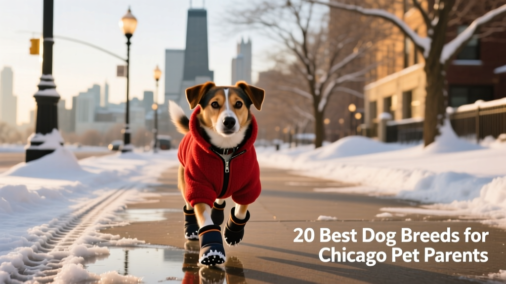 A small mixed-breed dog wearing insulated booties and a red fleece jacket walking confidently on a snowy Chicago sidewalk