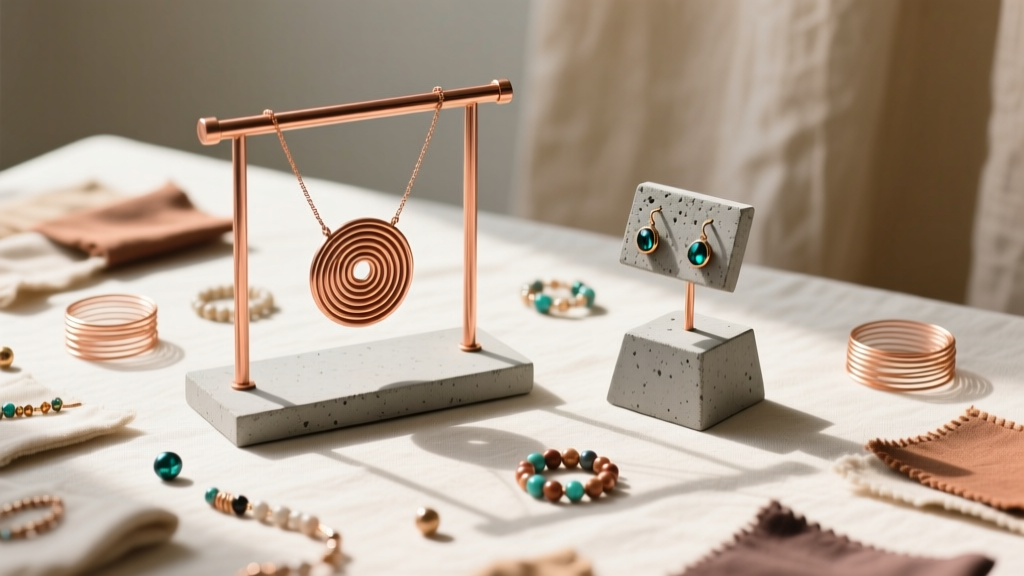 Top-down view of a craft table showing homemade jewelry display ideas, including a copper necklace rack and concrete earring stand