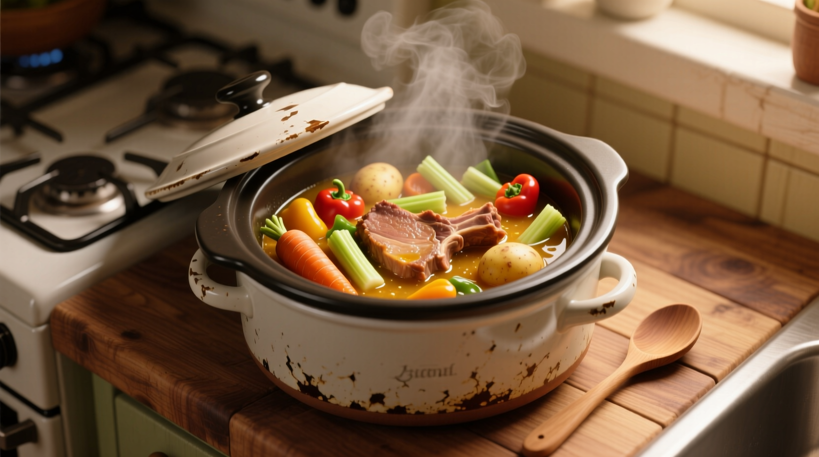 Slow cooker with pork chops and vegetables