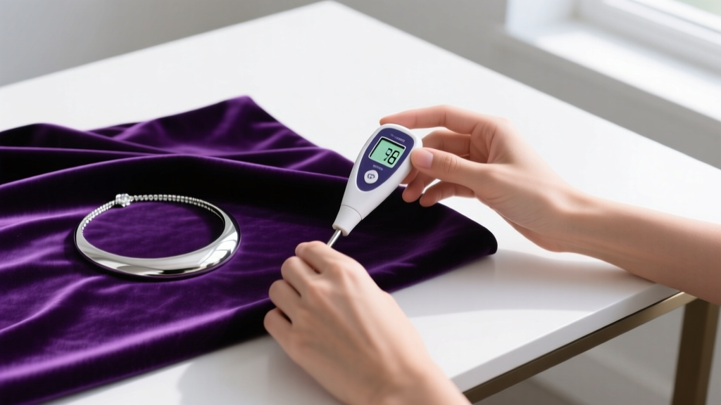 Hands using a digital pH meter to test a swatch of purple velvet fabric on a clean white desk beside a polished silver necklace.