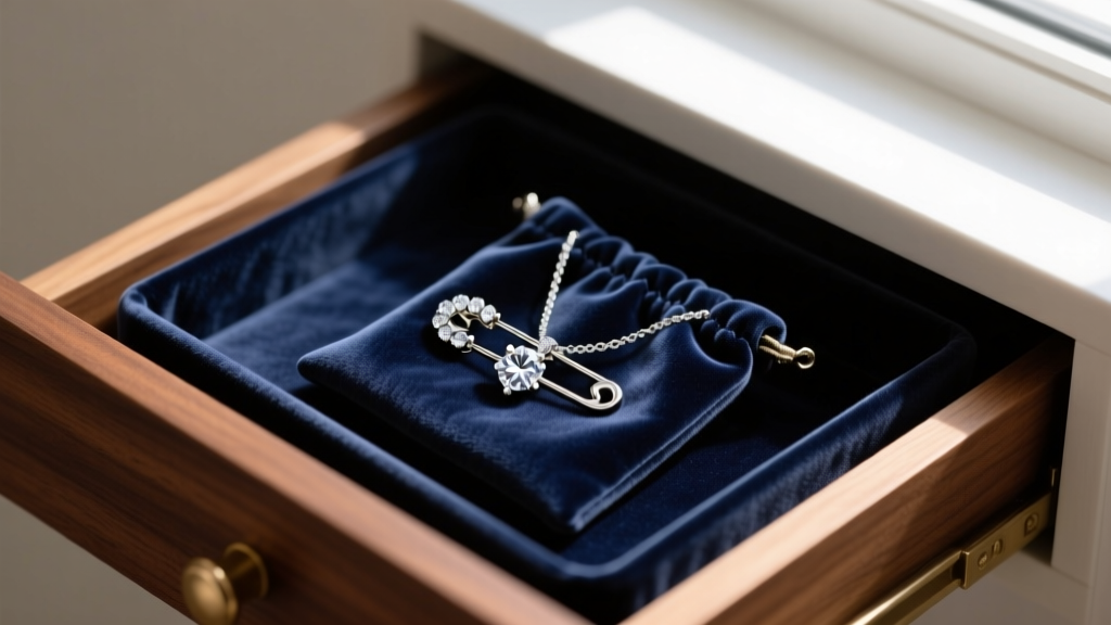 Velvet jewelry tray in a wooden drawer showing a diamond-encrusted safety pin pendant stored safely inside a soft microfiber pouch