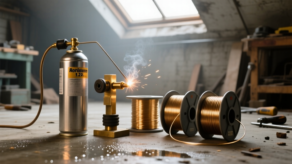 Argon shielding gas canister and a brass welding jig next to spools of 1.2mm jewelry wire in a humid Baltimore DIY workshop space