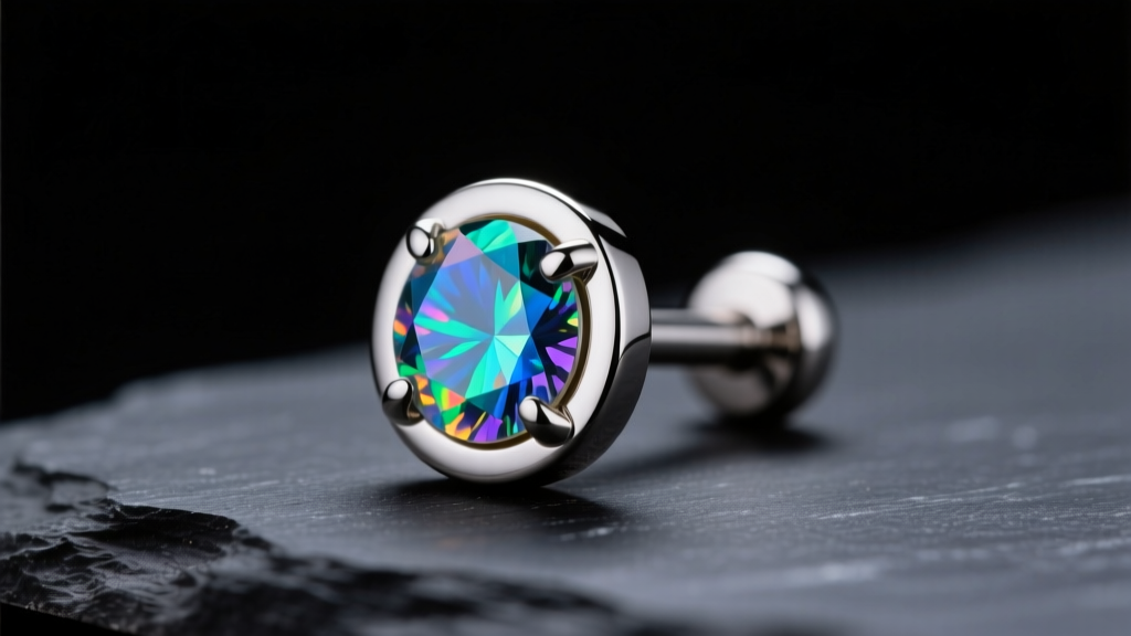 Macro shot of a polished implant-grade titanium labret stud with a bezel-set opal, resting on dark slate under soft studio lighting.