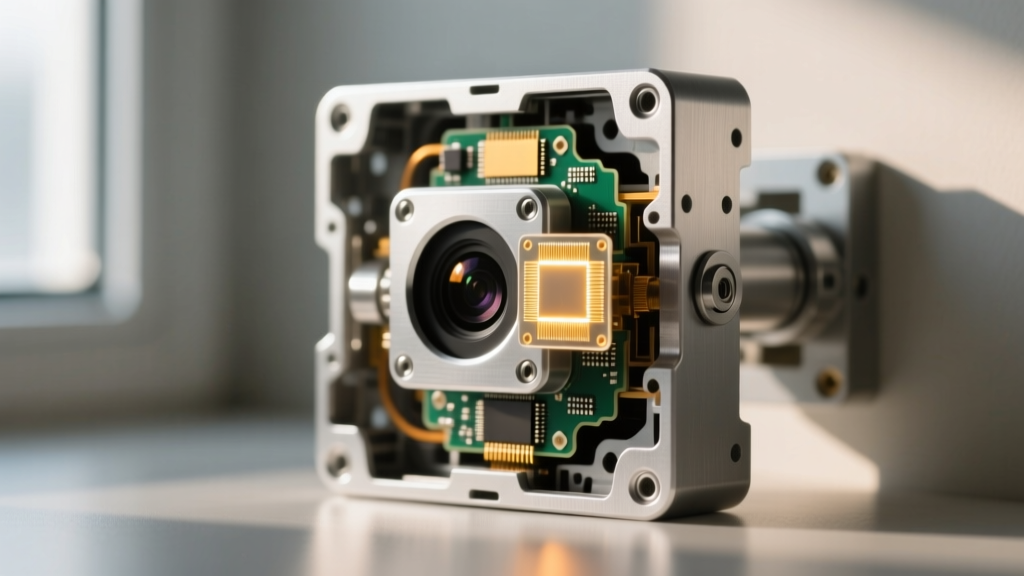 Disassembled kinetic-powered hidden security camera revealing its recycled aluminum chassis and ambient light harvesting micro-panel.