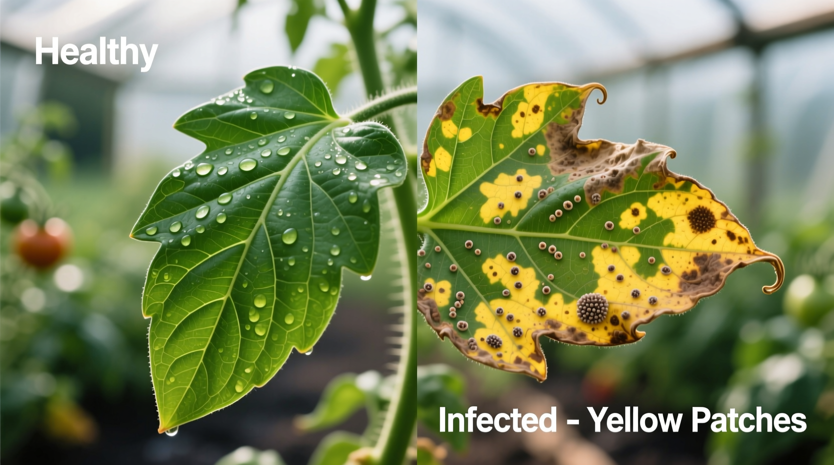 Close-up of healthy tomato leaf versus infected leaf with yellow patches