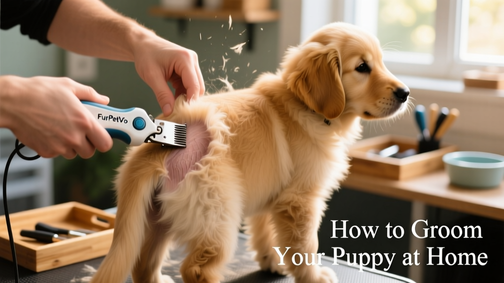 Close-up of hands using FurPetVo ProClip clippers on a fluffy puppy’s hindquarters