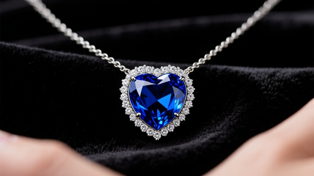 High-contrast studio photo of a Titanic blue heart necklace replica with a deep blue lab sapphire and diamond halo on dark velvet