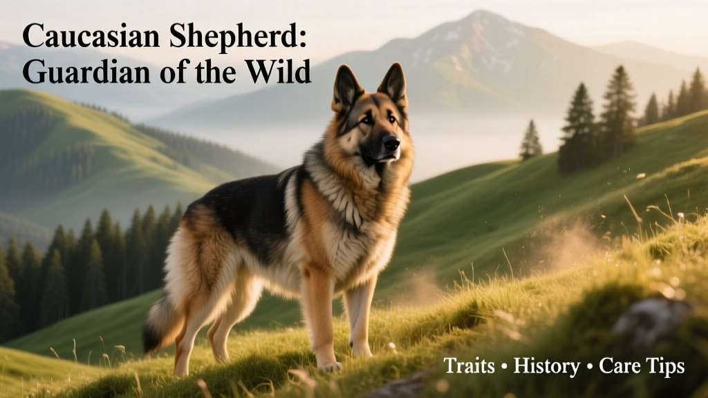A mature Caucasian Shepherd standing alert on a grassy hillside, showcasing its thick double coat and confident posture