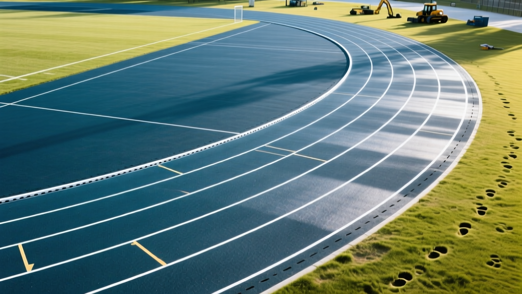 Aerial view of a newly paved 400-meter polyurethane running track with crisp white lane lines and fresh asphalt