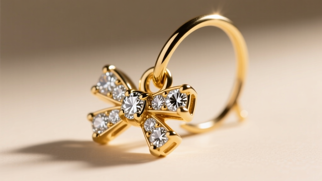 Macro photography of a 20-gauge soldered jump ring connecting a diamond pave bow charm to a delicate gold French wire ear hook