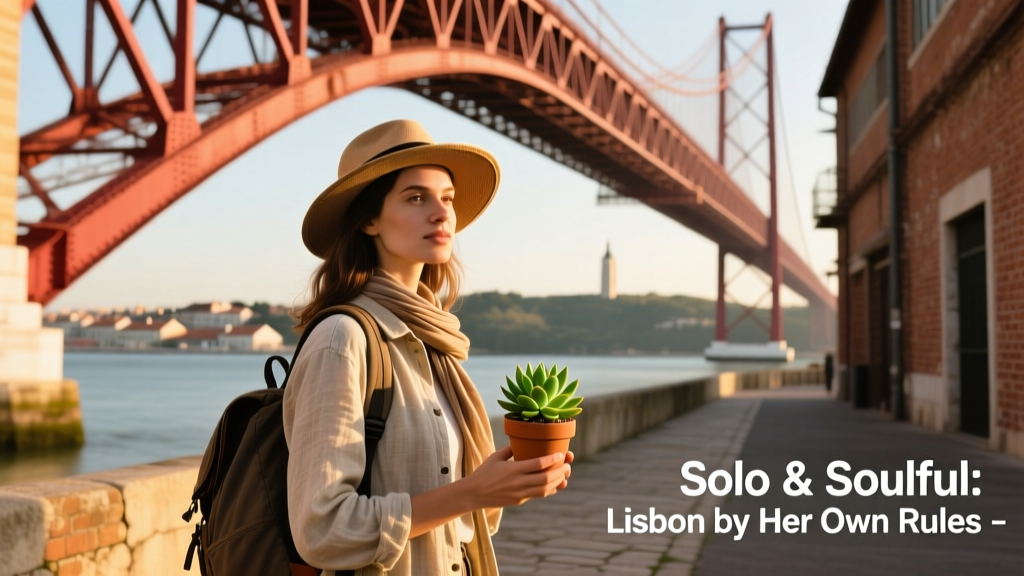 A solo female traveler standing beneath the red arches of the 25 de Abril bridge near LX Factory