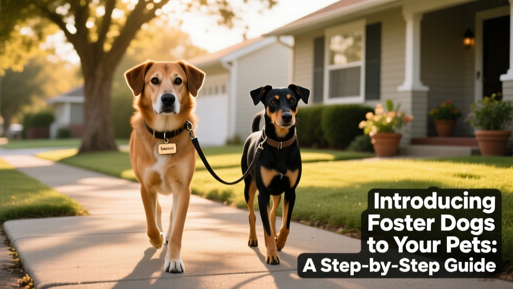Two dogs walking calmly side by side on a quiet sidewalk, leashed and relaxed