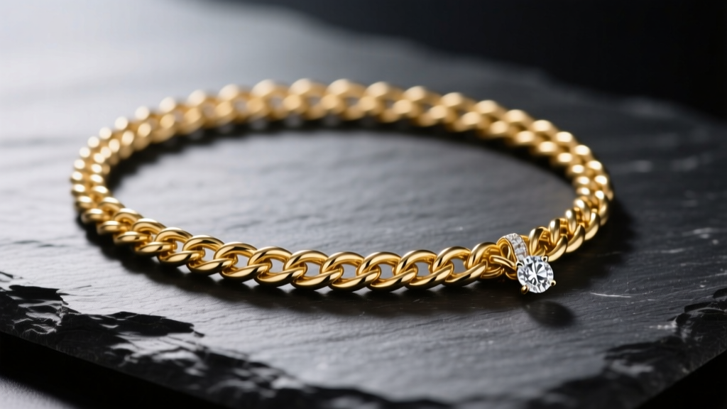 14k gold rope chain on dark slate, with a small diamond pendant partially visible at the edge under soft, diffused studio lighting