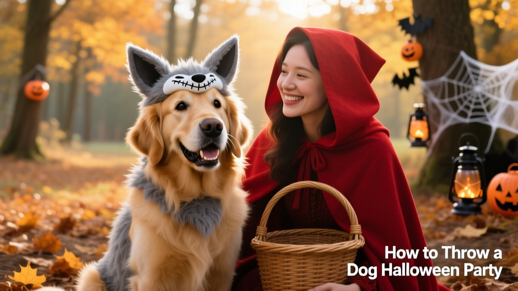 Close-up of a golden retriever wearing a friendly werewolf costume, sitting beside its owner dressed as Little Red Riding Hood
