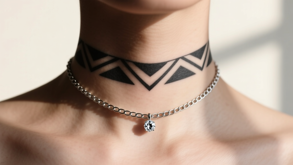 Close-up of minimalist geometric choker tattoo on the throat, layered with a 1.2mm platinum box chain and small diamond pendant