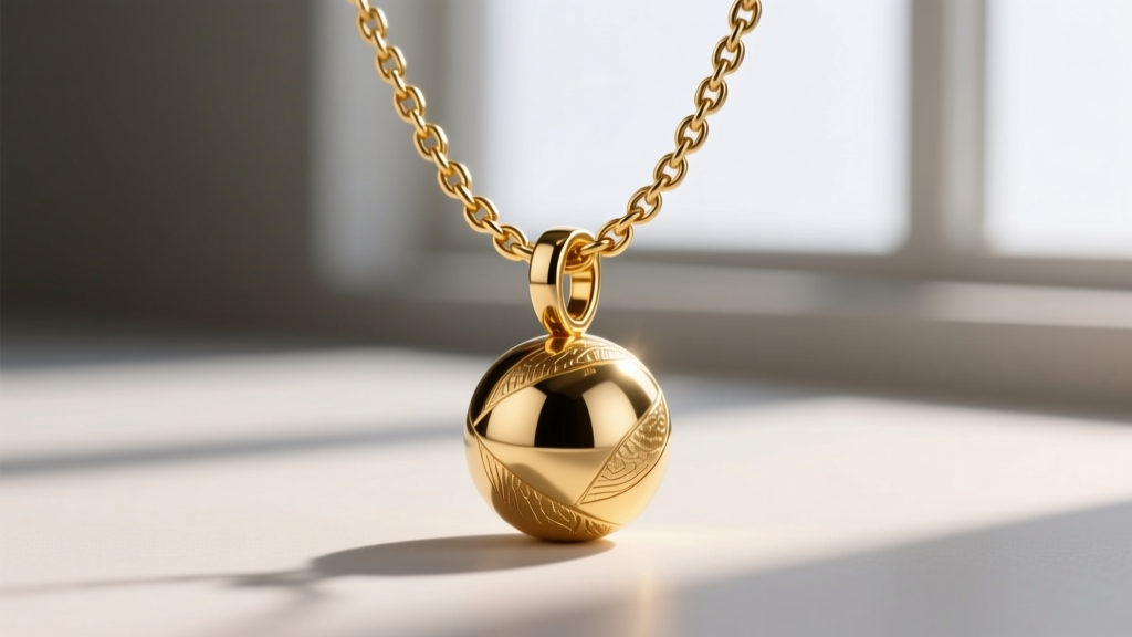 Close-up of 4mm curb chain threaded through soldered bail of solid 14k gold eight ball necklace, showing detailed metal texture.