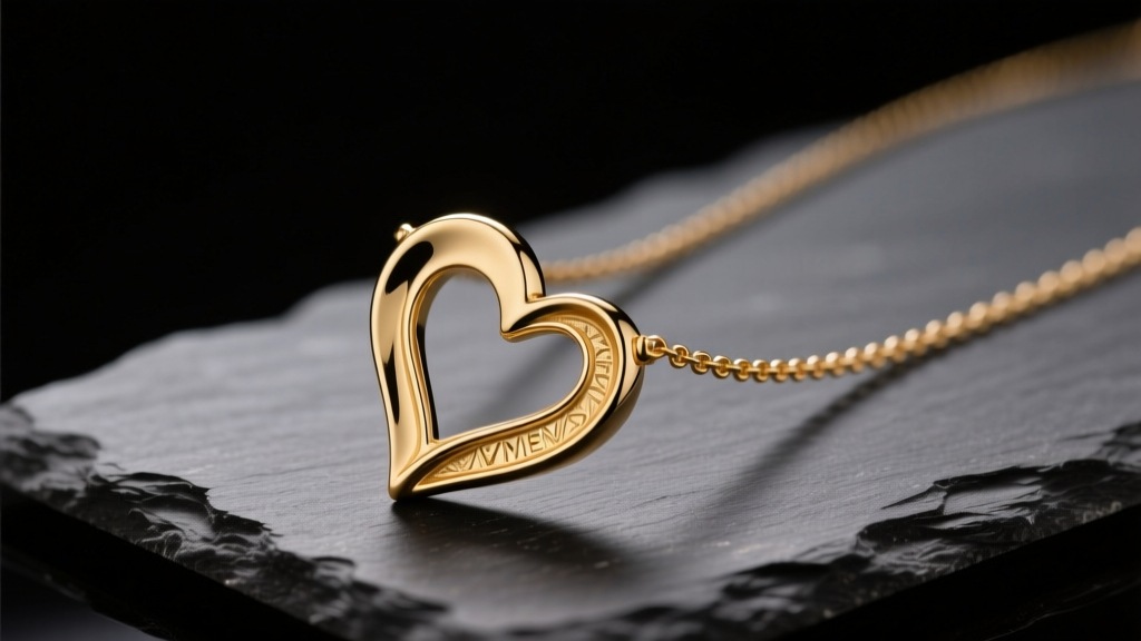 Polished 14k gold vermeil asymmetrical heart necklace half resting on dark slate, illuminated by soft directional studio lighting