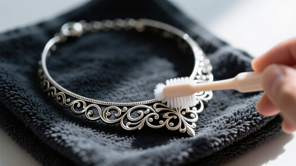 Macro view of a tarnished 925 silver collarbone necklace cleaned with a soft baby toothbrush on a dark microfiber towel