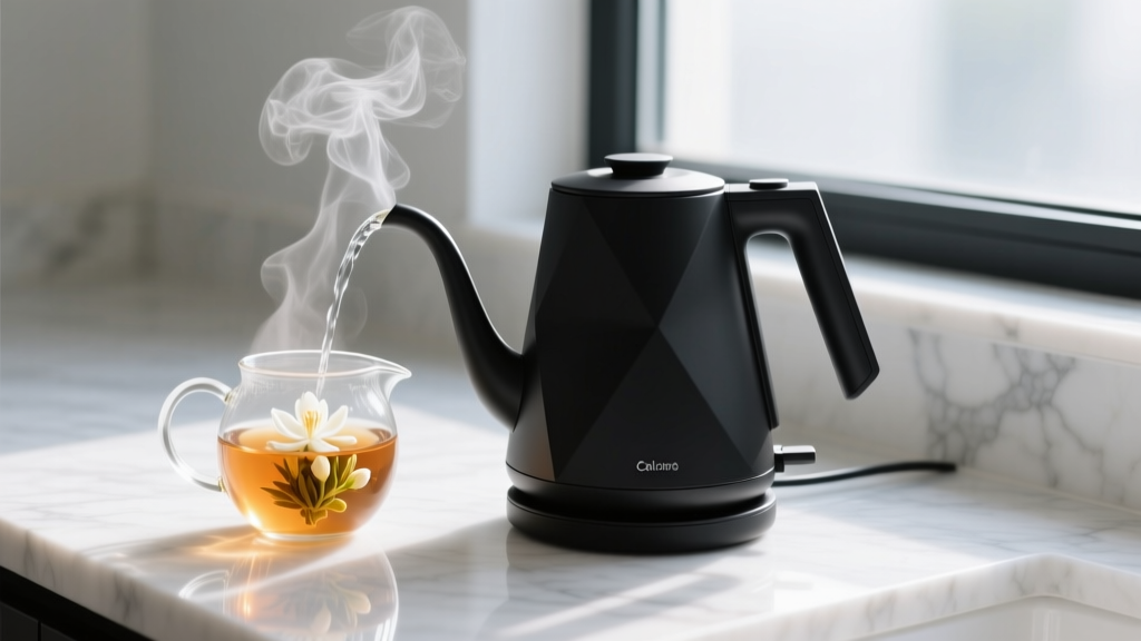 Matte black smart electric kettle pouring steaming water into a glass teapot with blooming jasmine tea on a modern marble countertop.