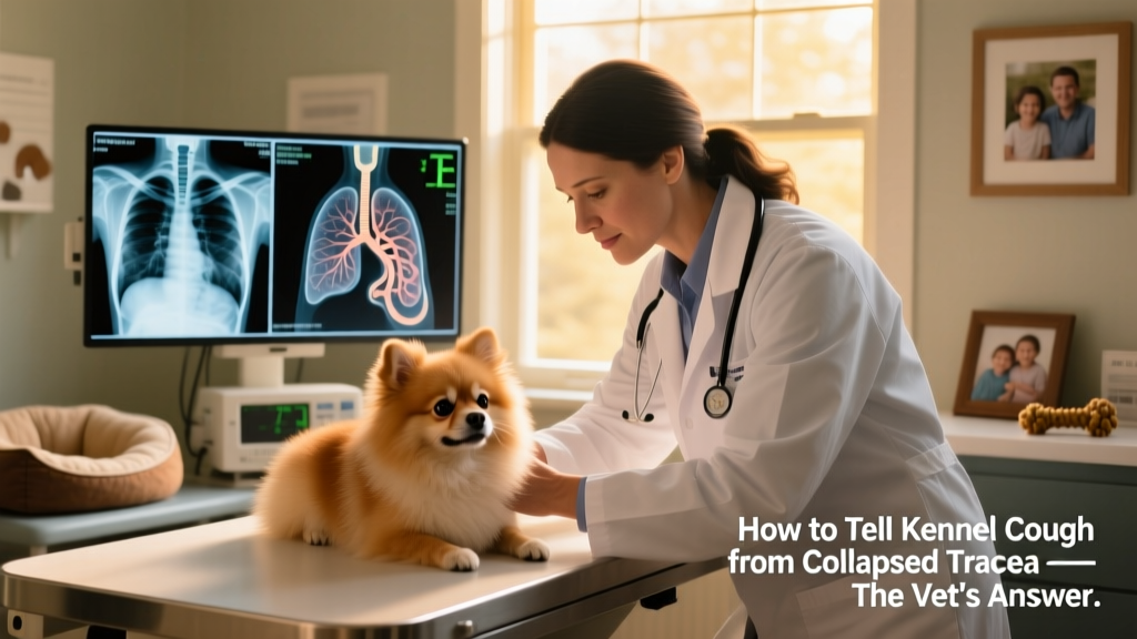 Vet examining a small dog with xrays on a screen in the background