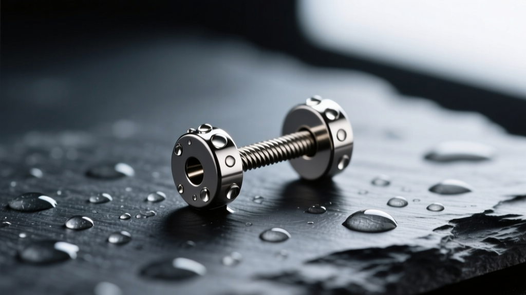 Macro shot of an 18-gauge implant-grade titanium threaded barbell earring resting on dark slate with water droplets.