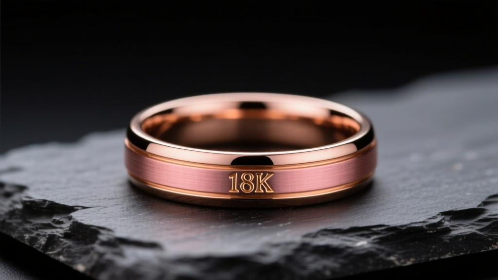 Macro shot of an 18k rose gold ring on dark slate, highlighting the warm copper-pink luster under directional studio lighting.