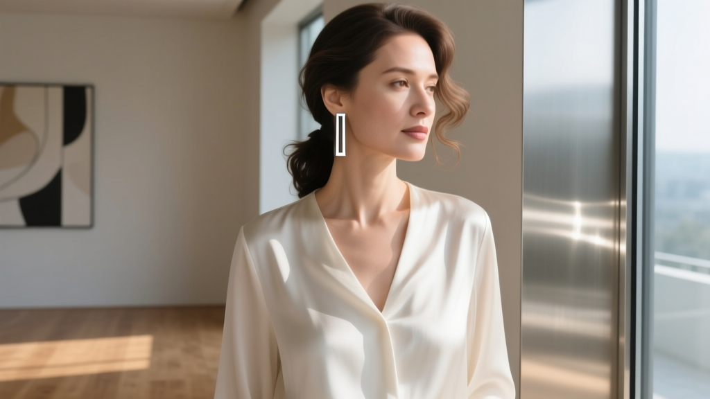 Woman in a silk blouse wearing minimalist platinum bar drop earrings, soft window lighting emphasizing the polished metal finish.