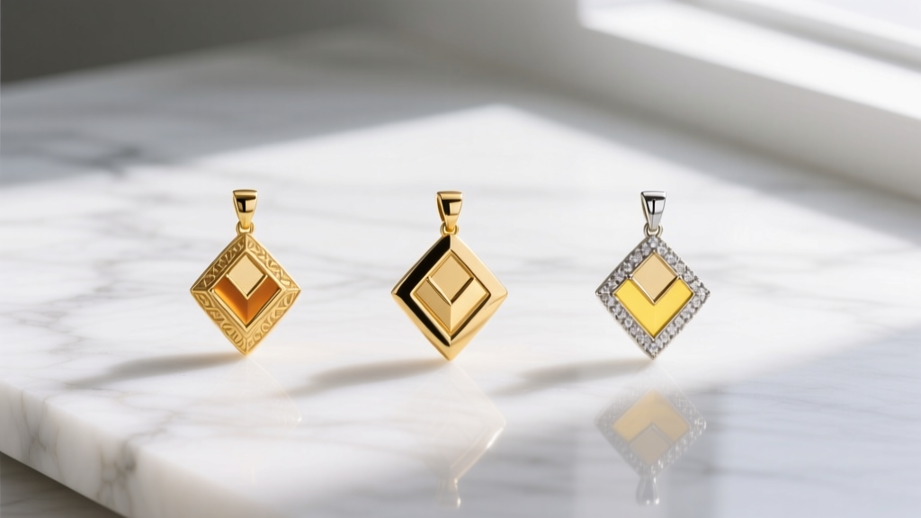 10k, 14k, and 18k gold chevron pendants on white marble, revealing subtle color temperature differences under natural daylight.