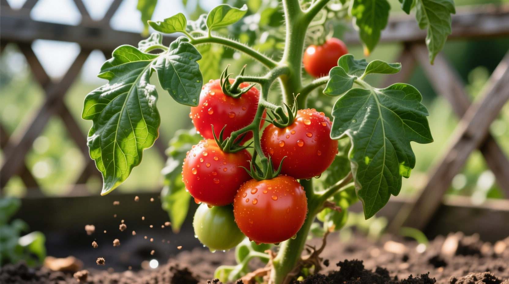 Healthy tomato plant with red fruits and green leaves