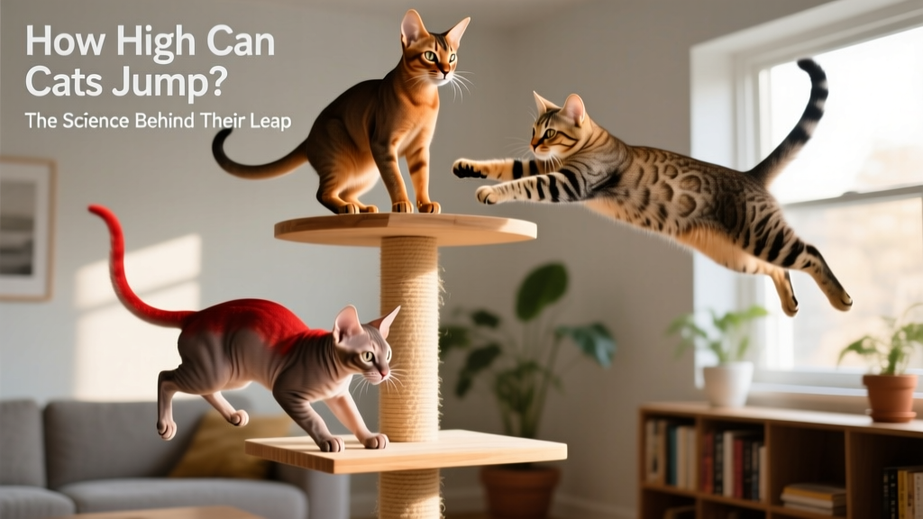 Three cats of different breeds—Munchkin, Abyssinian, and domestic shorthair—on varying levels of a cat tree