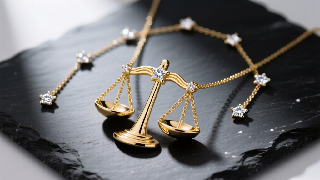 Flat lay of a 14k solid gold libra constellation necklace on dark slate, highlighting the scales motif and diamond star accents