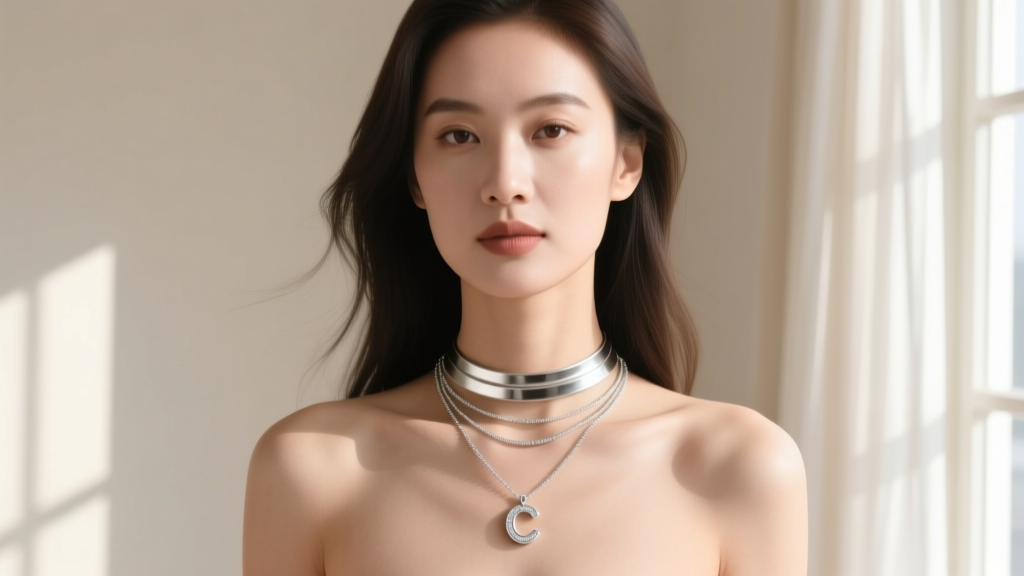 Woman wearing layered silver necklaces, a 16-inch choker and an 18-inch letter C pendant, captured in bright, natural window light.