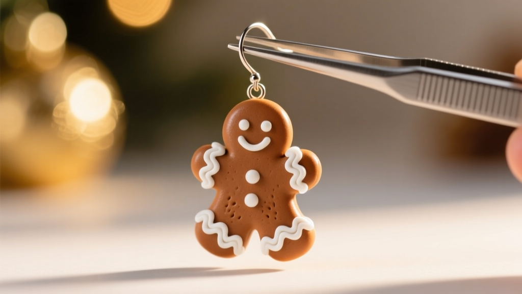 Macro shot of a finished polymer clay gingerbread man earring with intricate white icing details, held by tweezers against blur.