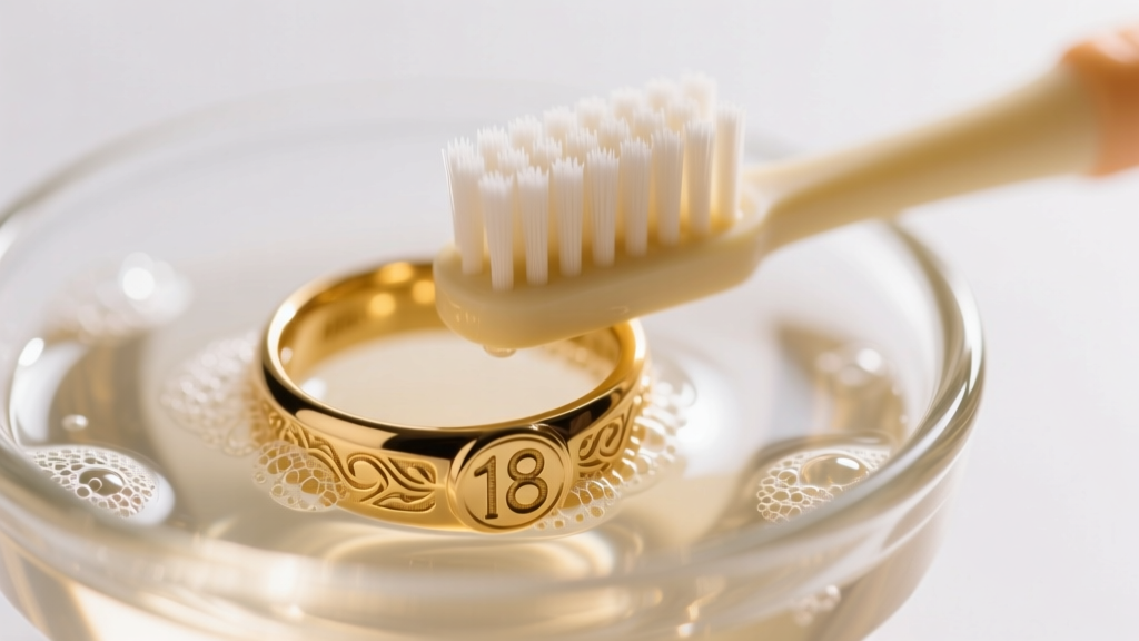 A soft-bristled baby toothbrush gently scrubbing a textured 18k gold signet ring in a small glass bowl of warm soapy water