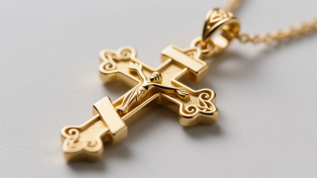 Macro shot of an 18k gold orthodox cross pendant showing the slanted suppedaneum footrest, filigree edges, and a 4mm hidden bail