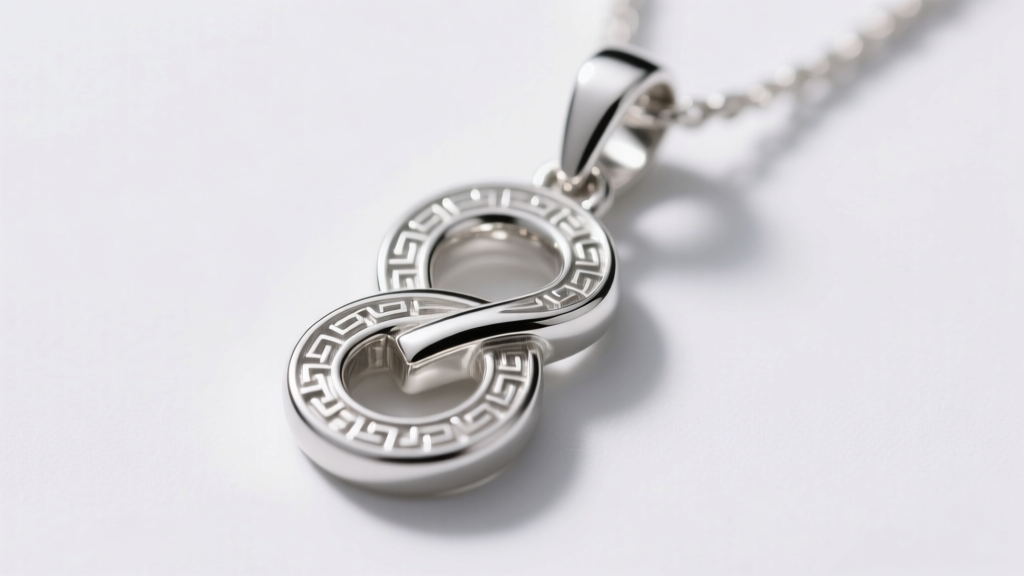 Macro photo of a sterling silver Greek key pendant showing deep CNC-milled grooves and fine rhodium plating in soft studio light.