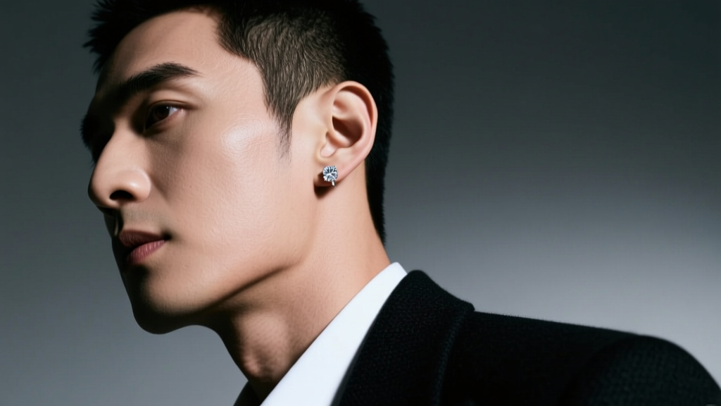 Stylish man wearing a single 0.50ct princess-cut diamond stud earring in his left ear under moody, cinematic studio lighting.