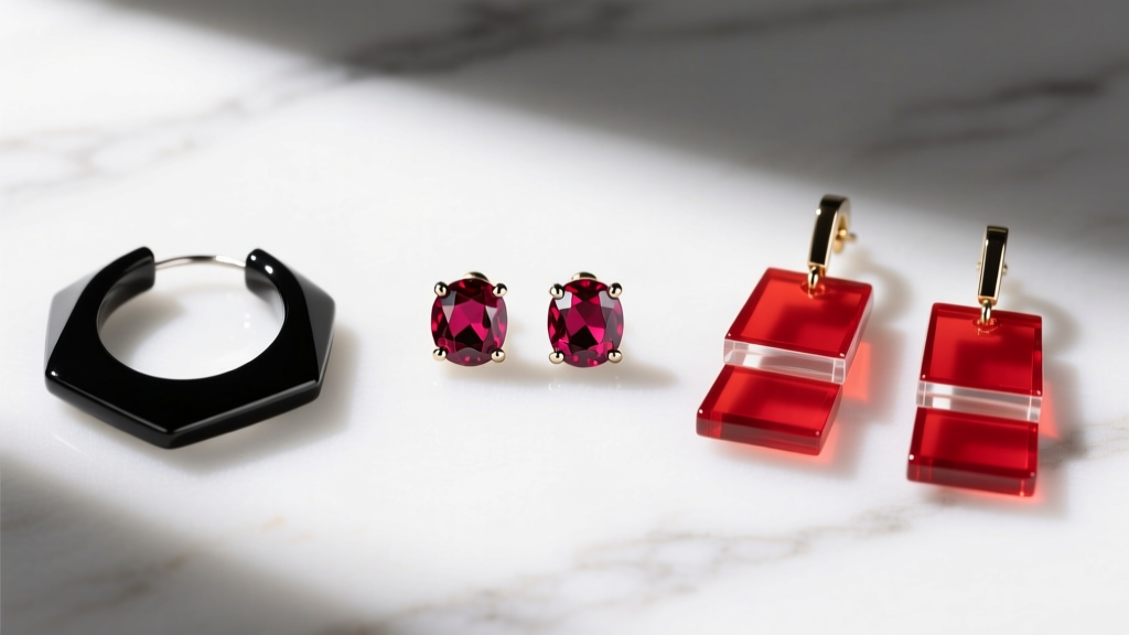 Flat lay of three pairs of earrings: ruby studs, black enamel hoops, and red acrylic dangles on white marble surface, top view.