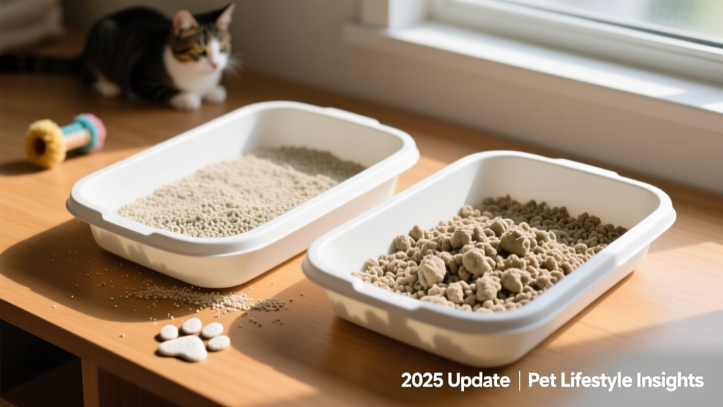 Side-by-side comparison of regular and multi-cat litter in identical trays, showing texture and clumping differences