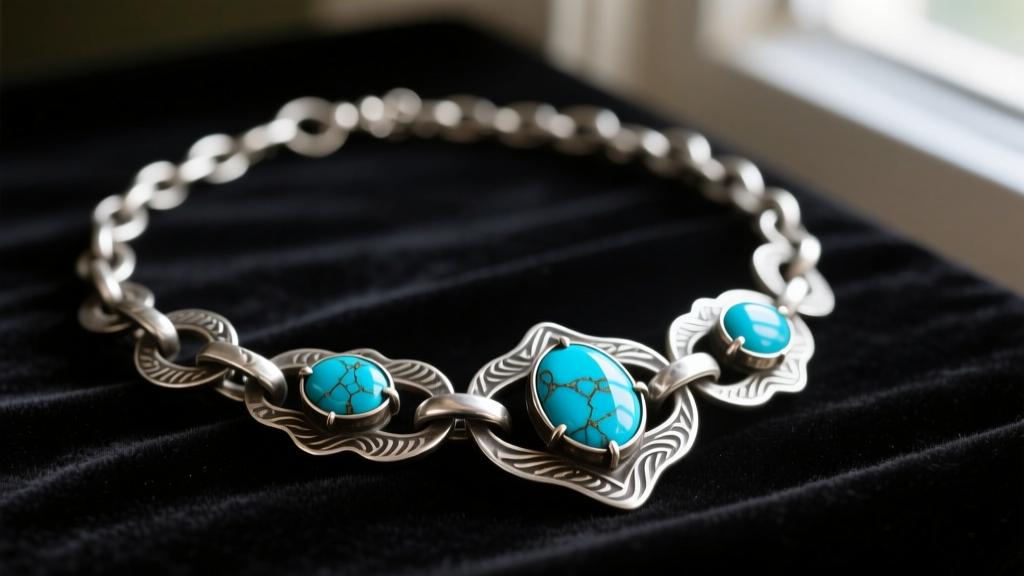 Close-up of vintage Arts and Crafts necklace with hand-hammered sterling silver links and turquoise cabochons on dark velvet.