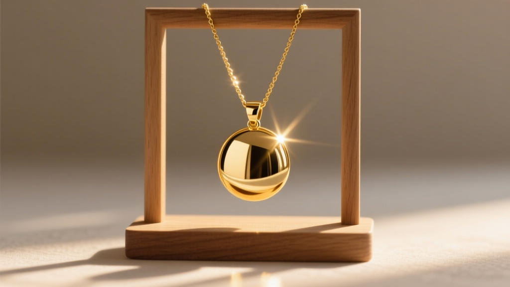 18k gold pendant necklace hanging from a wooden stand, catching warm sunlight to reveal a flawless, highly polished mirror finish