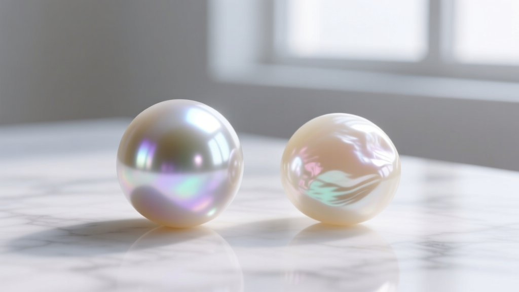 Close-up macro shot comparing high-luster round Akoya pearls and slightly off-round AAA freshwater pearls on a white marble surface