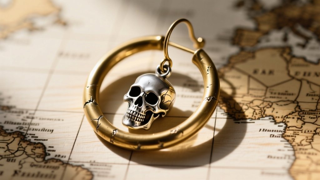 Close-up of a weathered 12-gauge brass hoop earring with a small skull charm, resting on a weathered wooden map background.